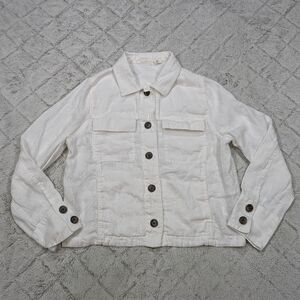 Nicole Miller Jacket Women's L White Linen Button Up Chest Pockets Collar